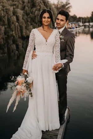 Ivory V Neck Long Sleeve Chiffon Lace Wedding Dress