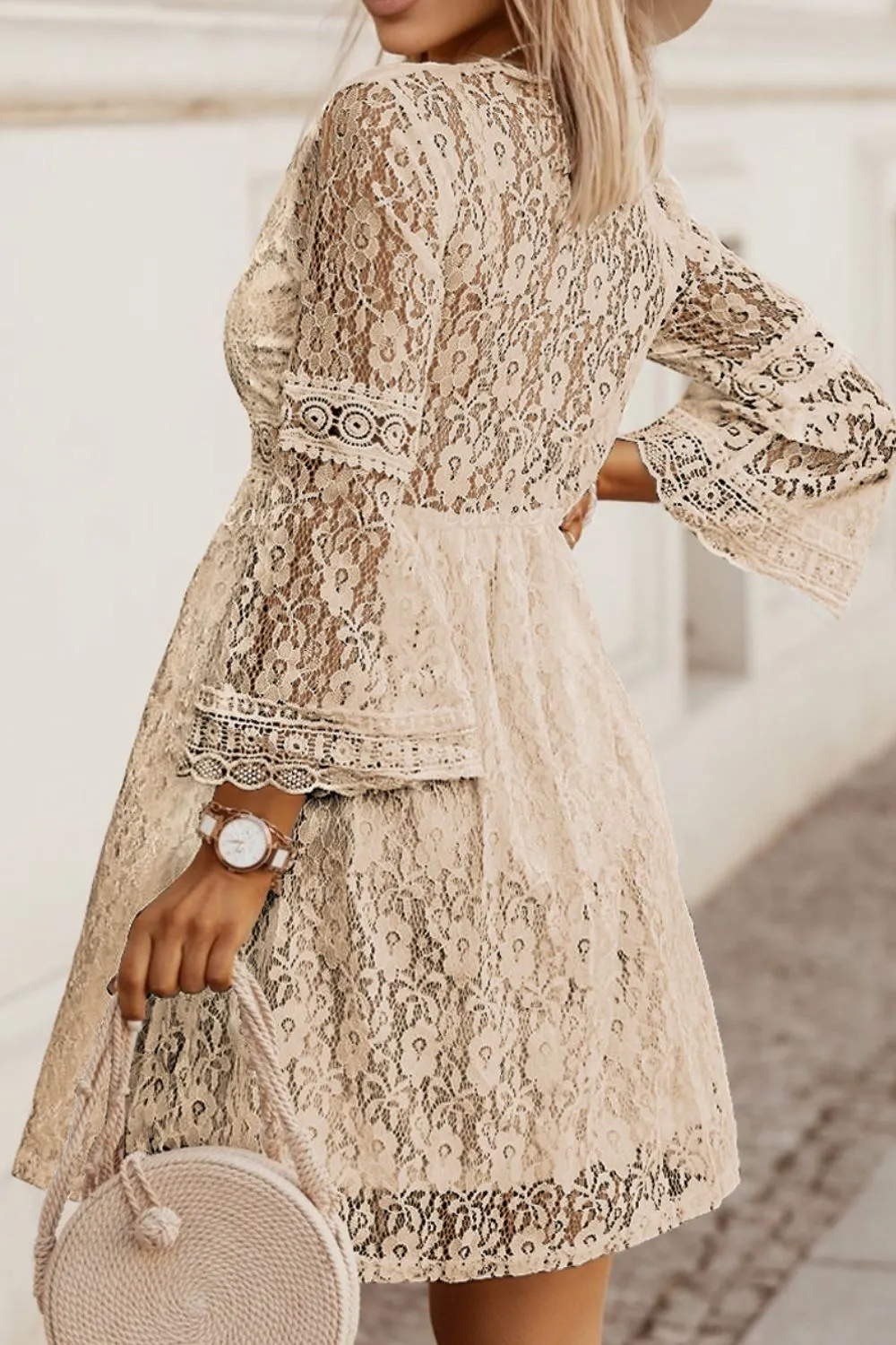 Lace V-Neck Three-Quarter Sleeve Tunic Dress