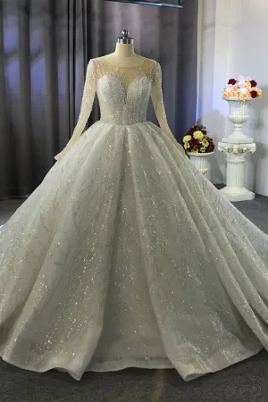 Luxurious Ball Gown Long Sleeves Crystal Beading Wedding Dress A line Classic