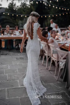 Mermaid Boho Lace Beach Wedding Dresses Cap Sleeve Bohemian Bridal Gown VD007