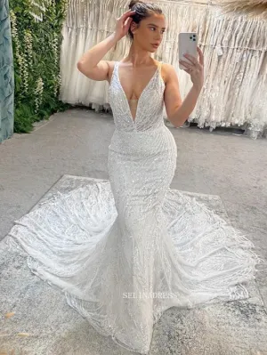 Mermaid Deep V neck Cheap Wedding Dresses Sparkly Bridal Dresses EWR905