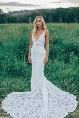 Mermaid Lace Wedding Dress Backless Boho Bridal Gown