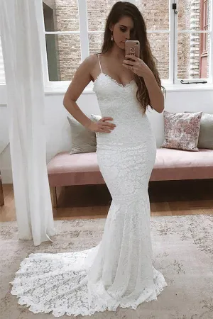 Mermaid Thin Straps Lace Wedding Dress With Sweep Train