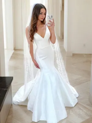 Mermaid V-neck Sweep Train Satin Wedding Dresses