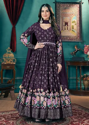 Metalic Foil Work Embroidered Wedding Festive Purple Anarkali Gown