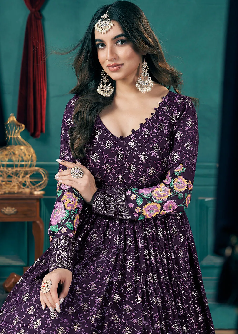 Metalic Foil Work Embroidered Wedding Festive Purple Anarkali Gown