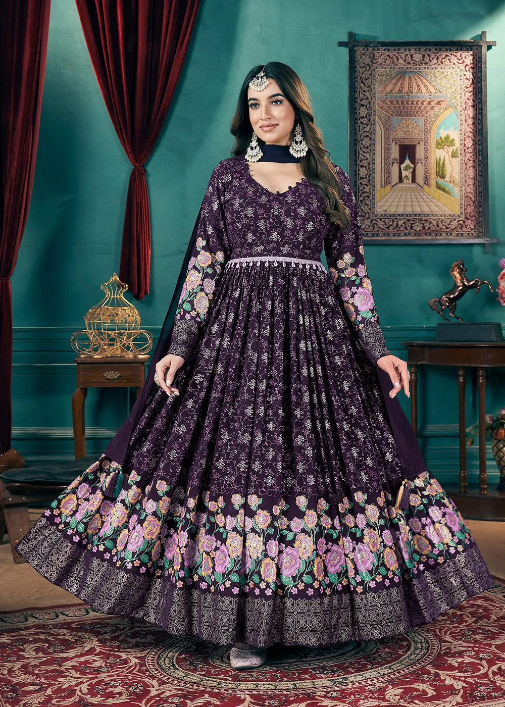 Metalic Foil Work Embroidered Wedding Festive Purple Anarkali Gown