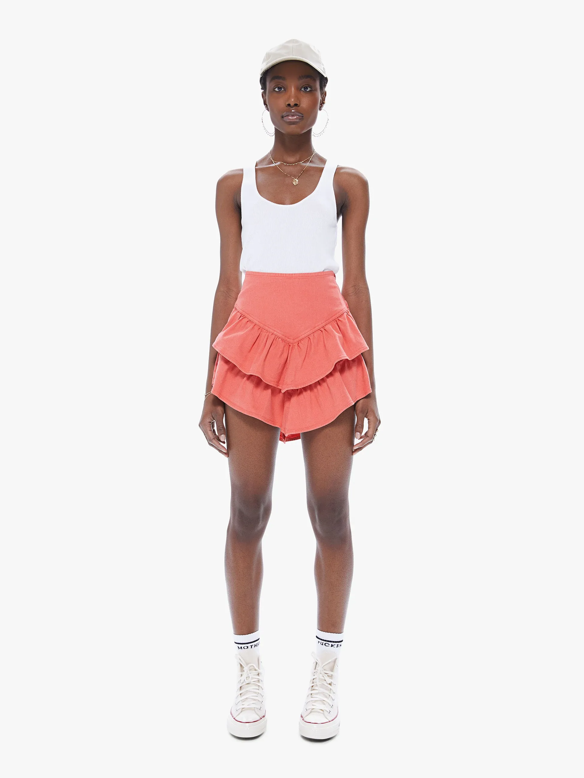 Mother - The Ruffle Mini Skirt in Hot Coral