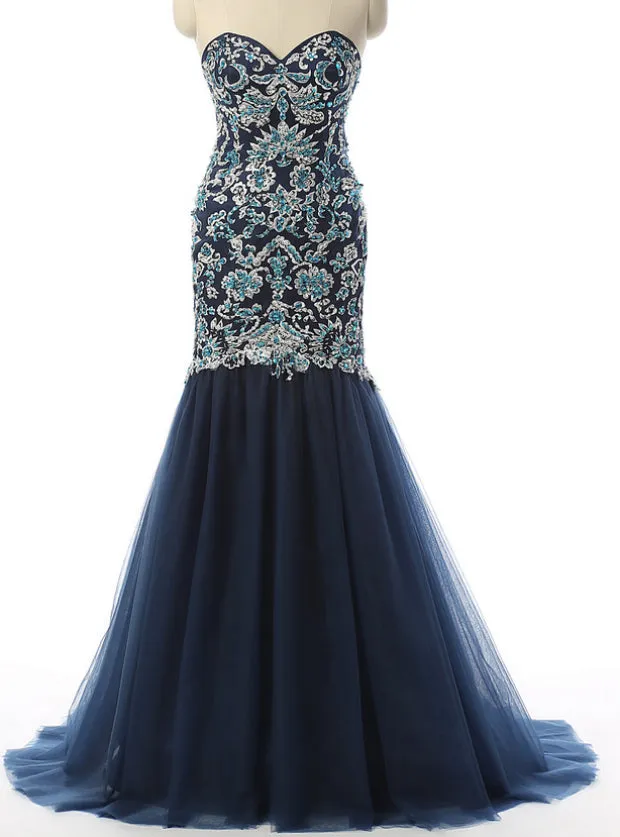 Navy Evening Dresses Mermaid Prom Dresses Sweetheart Prom Dresses