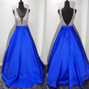 New Arrival Prom Dress Modest Prom Dress Long Satin V Neck Royal Blue Prom Dresses Ball Gowns 2025