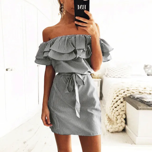 Off Shoulder Strapless Striped Ruffles Dress Women 2017 Summer Sundresses Beach Casual Shirt Short Mini Party Dresses Robe Femme