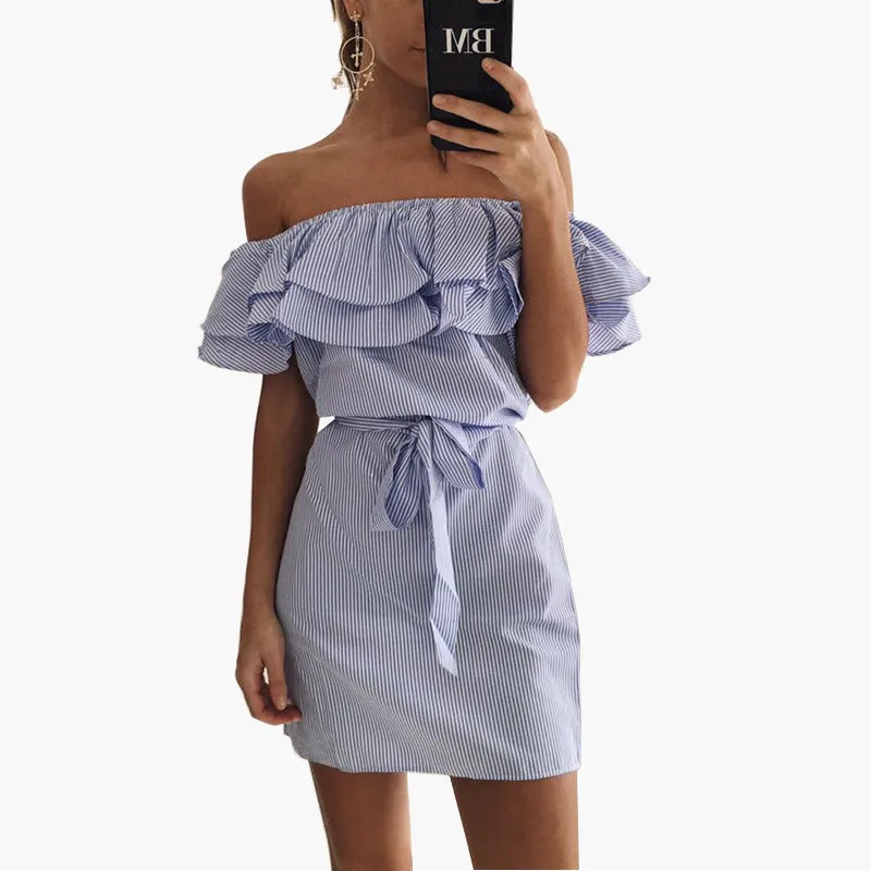 Off Shoulder Strapless Striped Ruffles Dress Women 2017 Summer Sundresses Beach Casual Shirt Short Mini Party Dresses Robe Femme