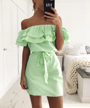 Off Shoulder Strapless Striped Ruffles Dress Women 2017 Summer Sundresses Beach Casual Shirt Short Mini Party Dresses Robe Femme