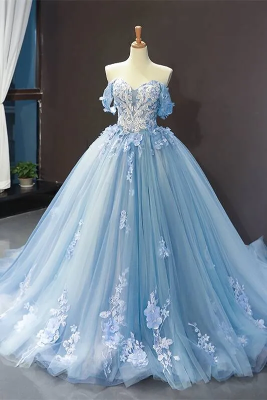 Off the Shoulder Blue Tulle and White Lace Appliques Ball Gown