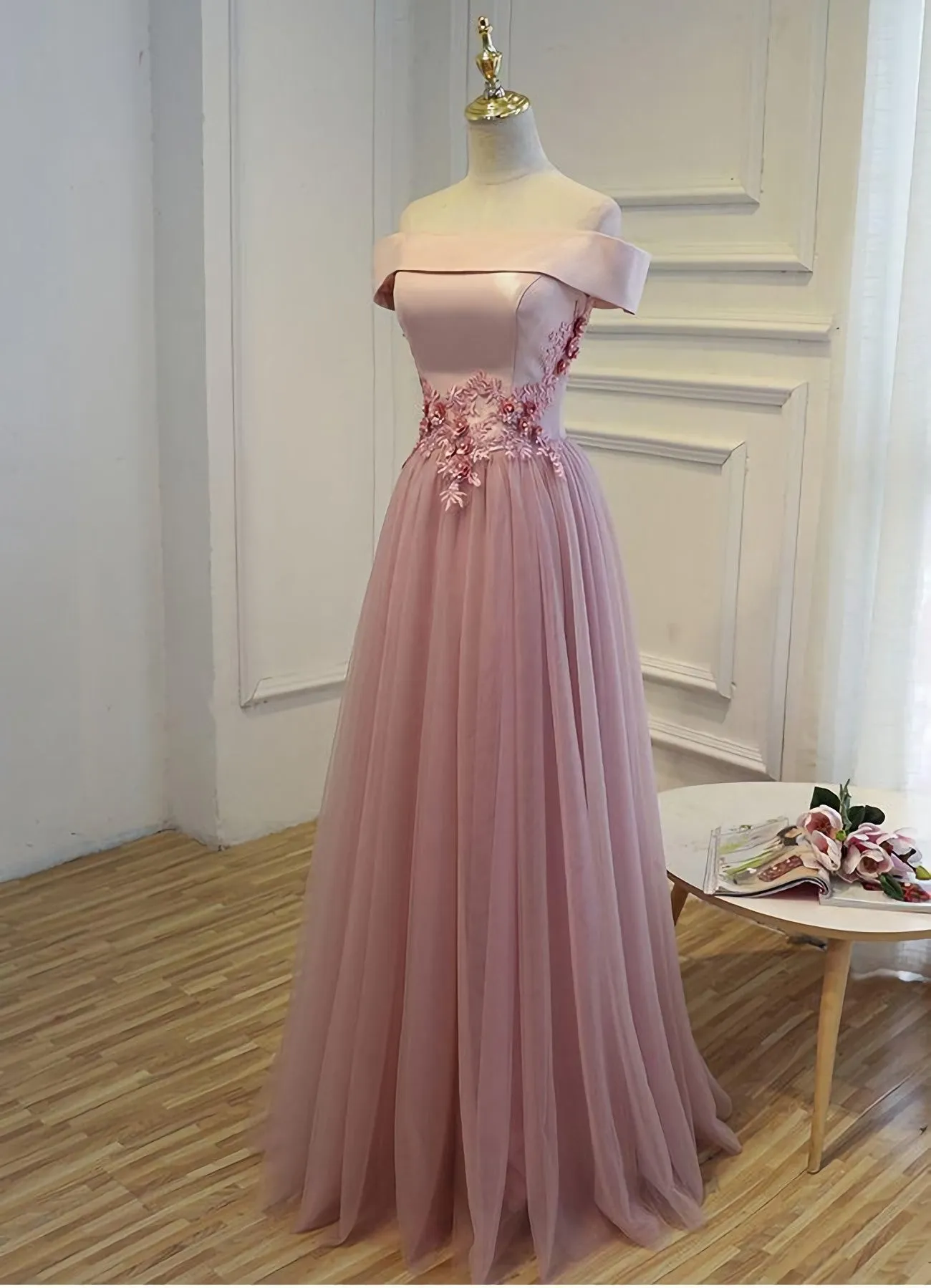 Pink A Line Off Shoulder Floor Length Prom Dress, Lace Evening Dress