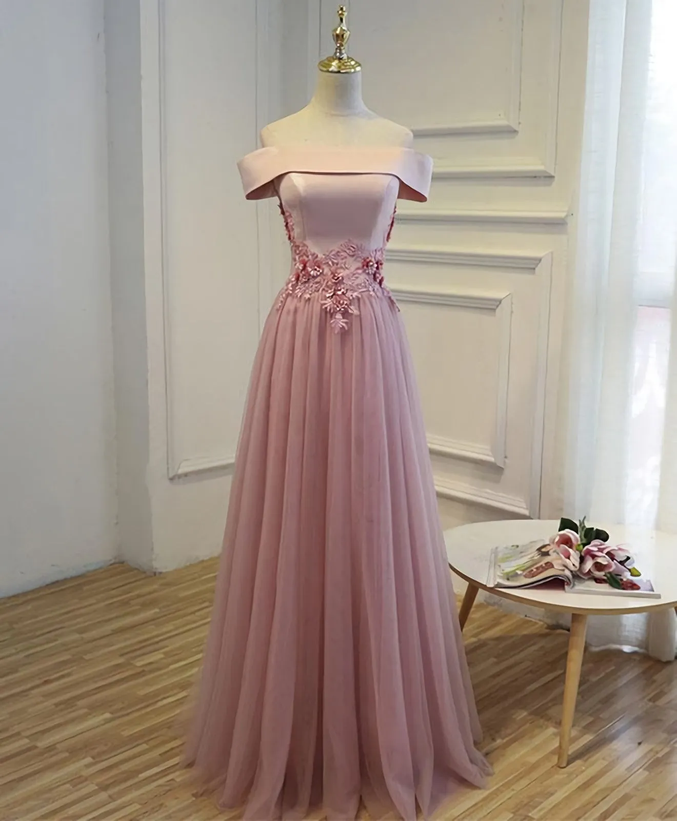 Pink A Line Off Shoulder Floor Length Prom Dress, Lace Evening Dress