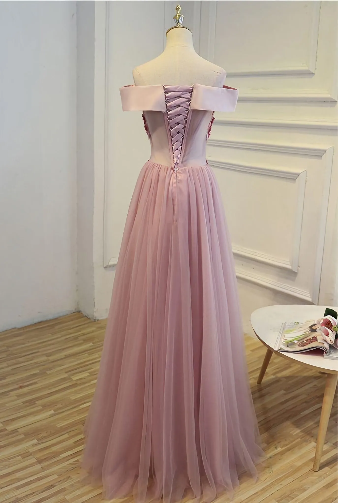 Pink A Line Off Shoulder Floor Length Prom Dress, Lace Evening Dress