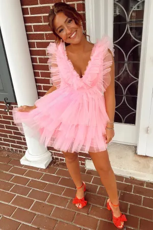 Pink Ruffled Layers Plunging V Neck Homecoming Dress Short Grad Dresses