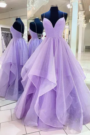 Purple A-Line Tulle Long Prom Dresses Purple Party Evening Gowns