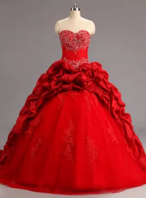 Red Ball Gowns Ruffles Tulle Taffeta Lace Appliques For 15 Year