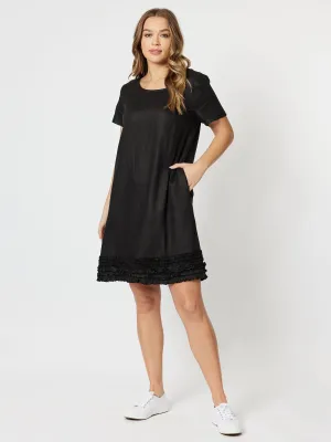 Ruffle Hem Linen Dress - Black