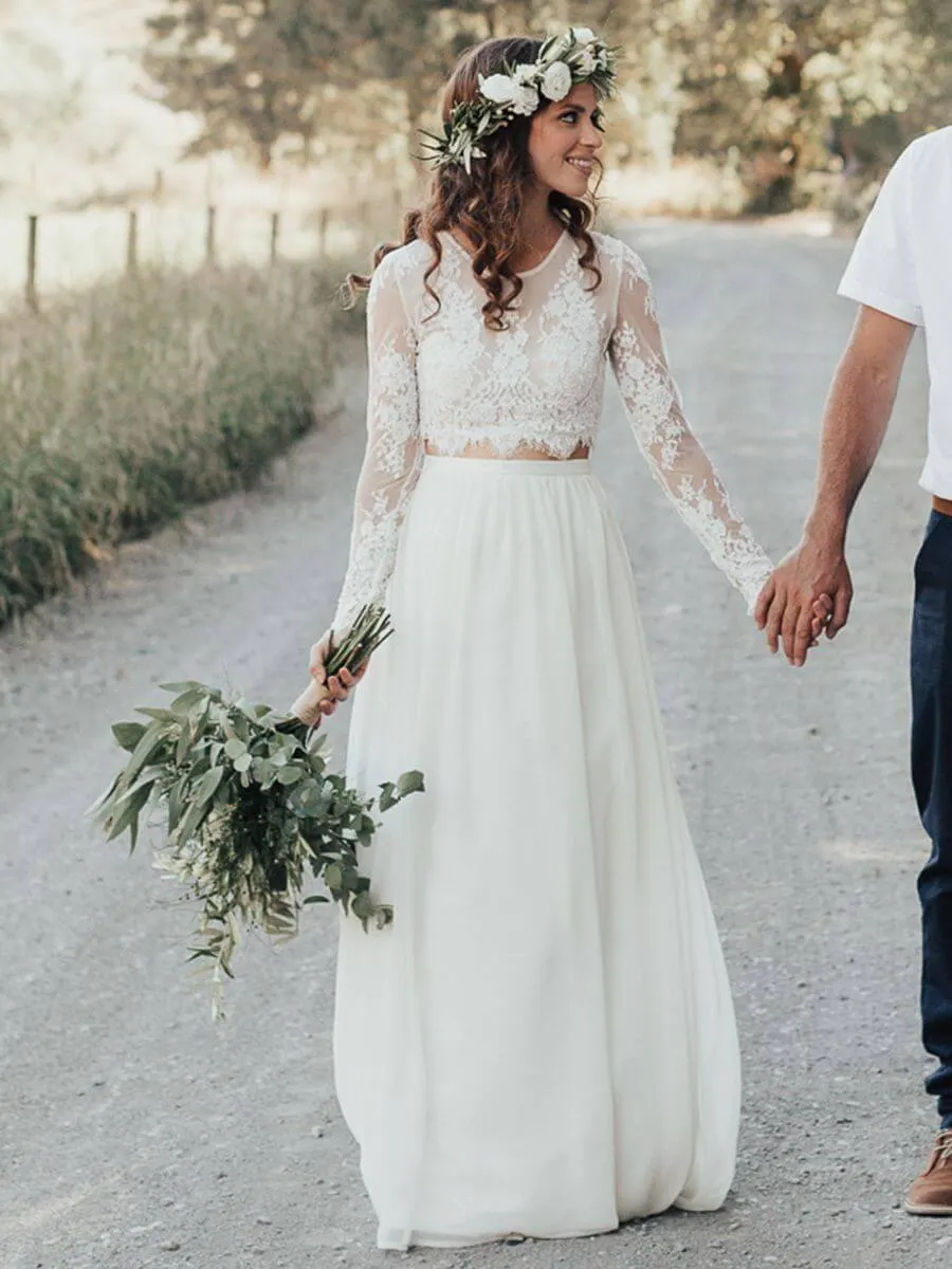 Rustic Scoop Neck Lace Top Flowy Bridal Separates Long Sleeve Top Two Piece Wedding Dress