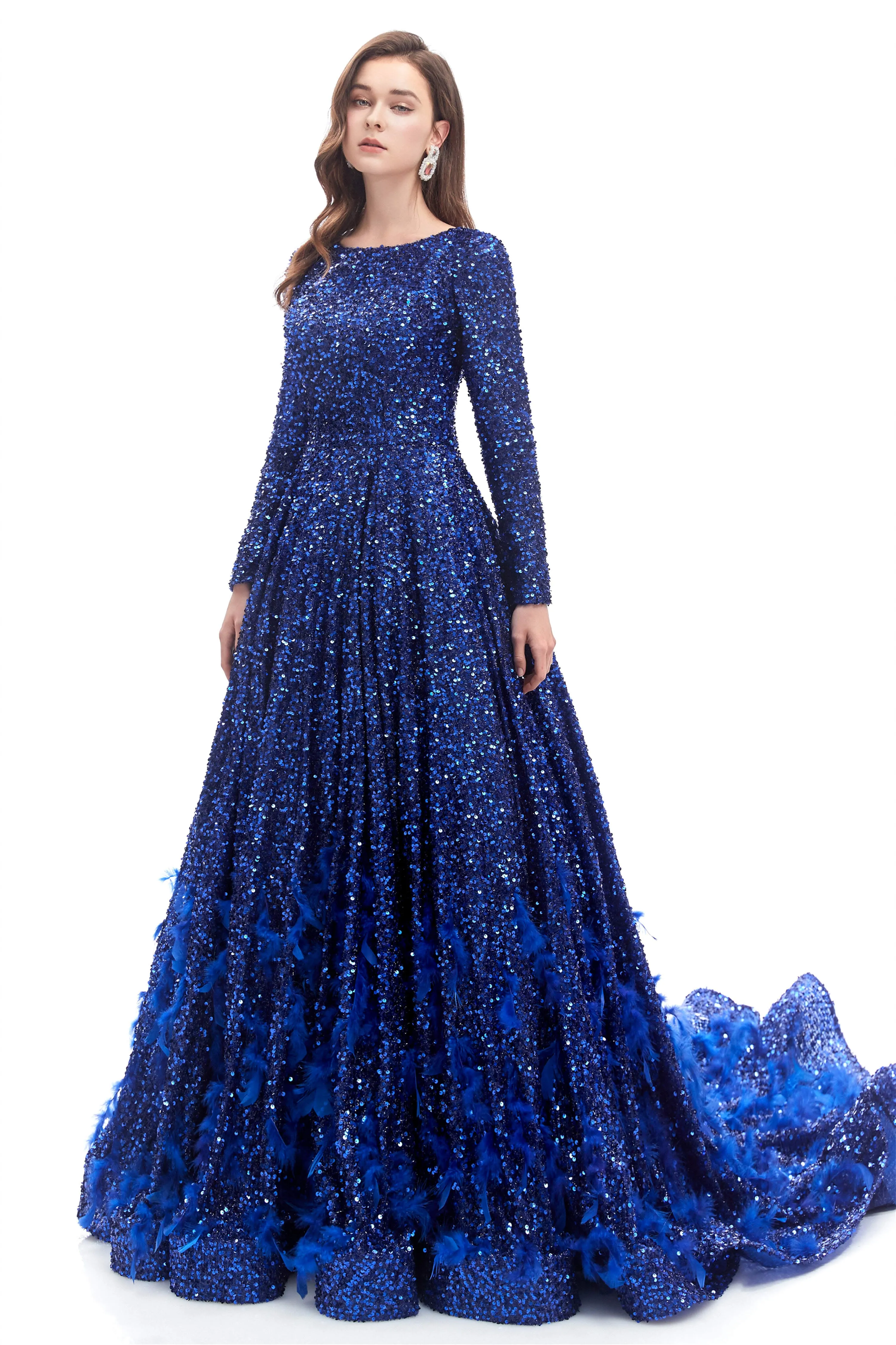 Sequins Long Sleeve Feather A-line Floor Length Prom Dresses