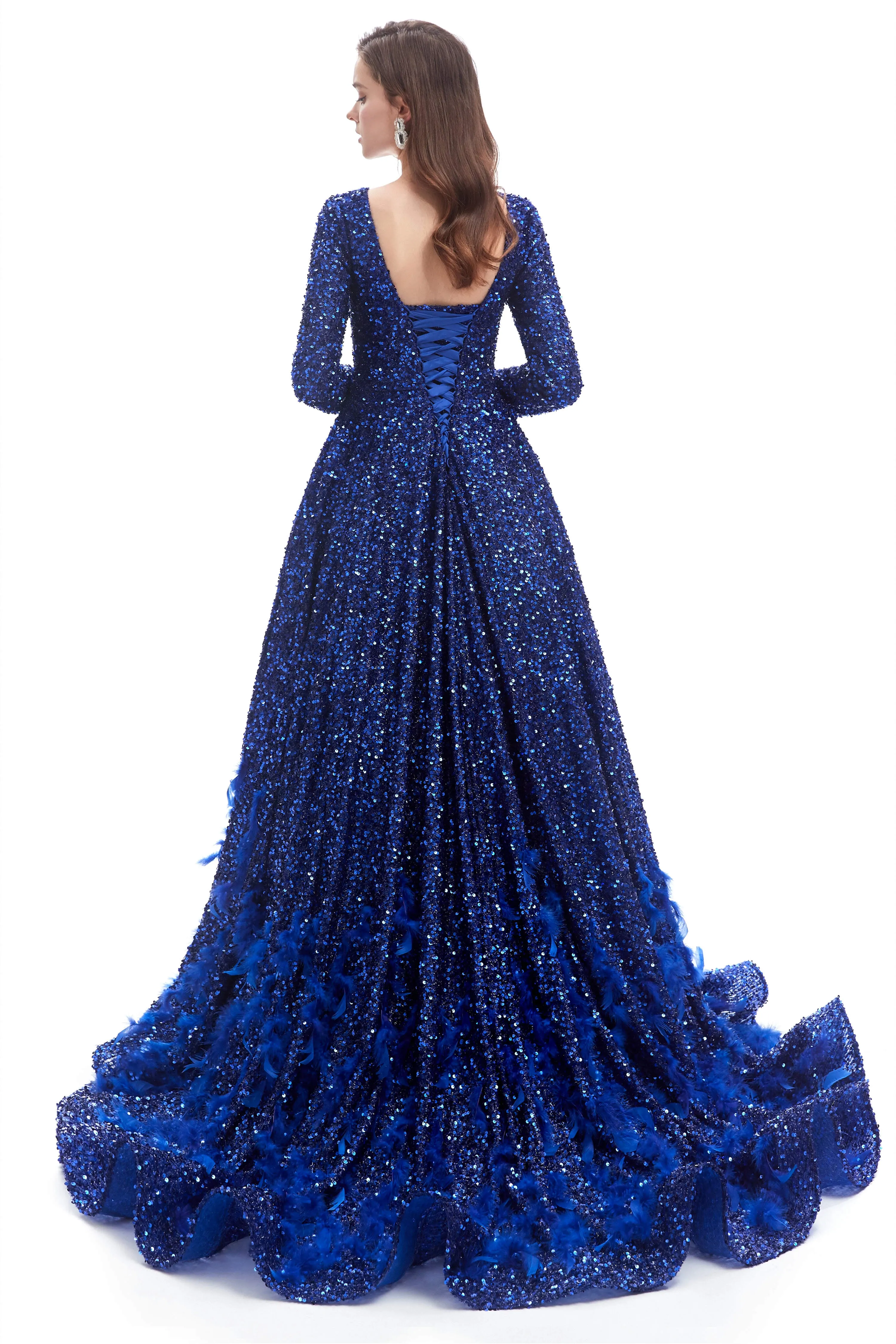 Sequins Long Sleeve Feather A-line Floor Length Prom Dresses