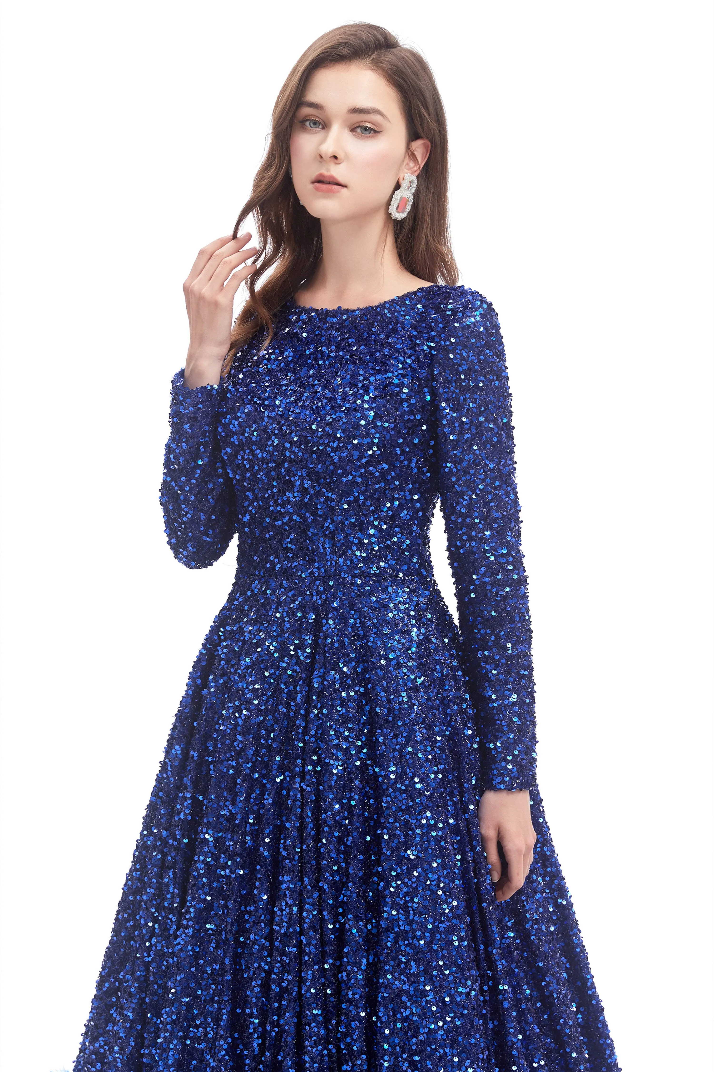 Sequins Long Sleeve Feather A-line Floor Length Prom Dresses