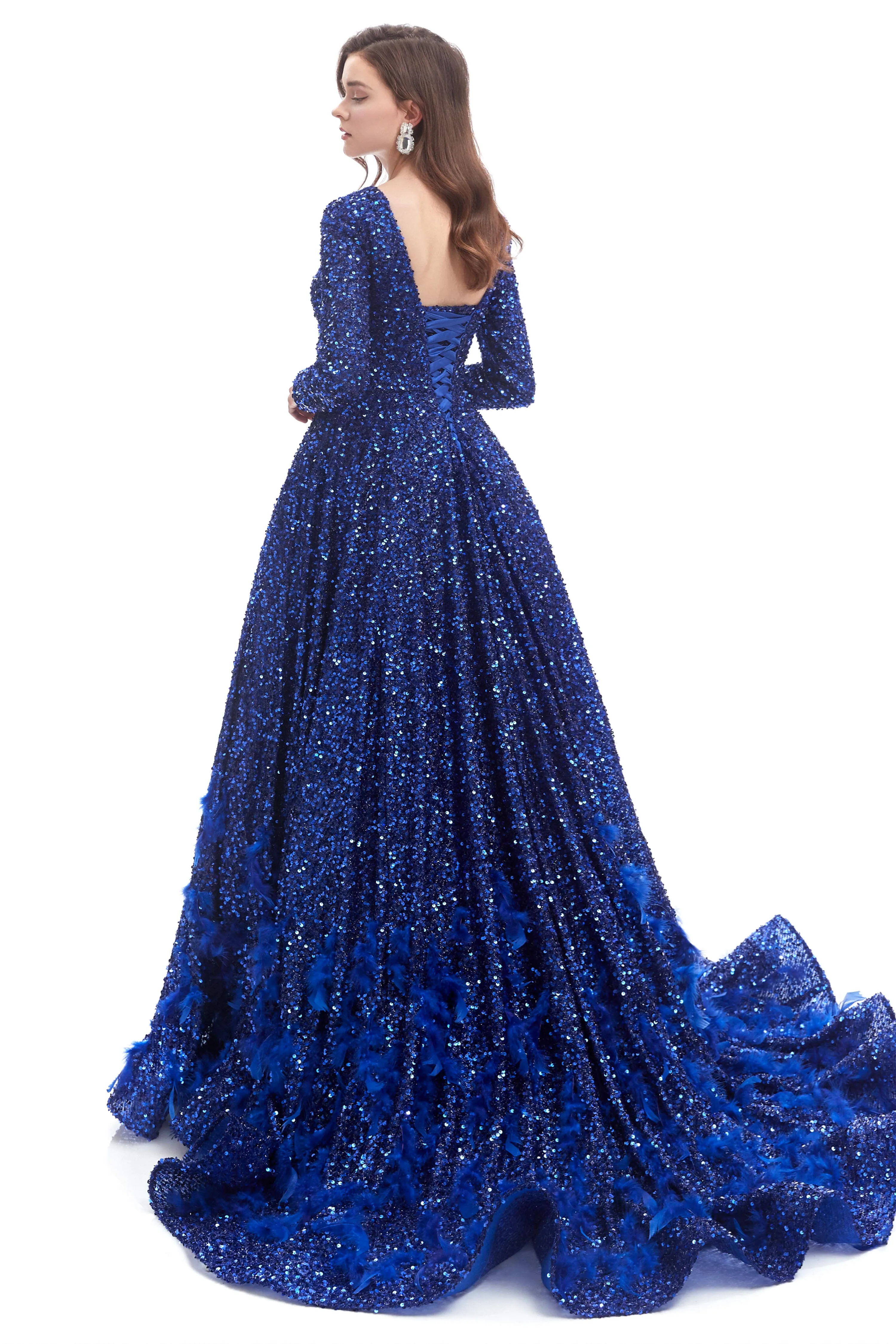 Sequins Long Sleeve Feather A-line Floor Length Prom Dresses