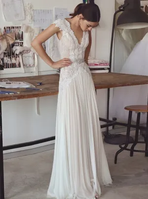 Sheath Wedding Dress with Cap Sleeves,Boho Long Wedding Dresses