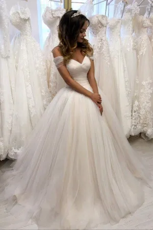 Simple Off The Shoulder White Tulle Wedding Dress A-line Bridal Gown