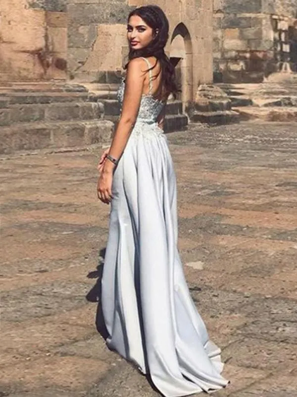 Spaghetti Strap Grey Mermaid Lace Top Long Prom Dress