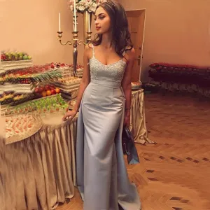 Spaghetti Strap Grey Mermaid Lace Top Long Prom Dress