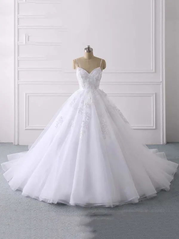 Spaghetti Straps Lace Tulle Ruffles Wedding Dresses