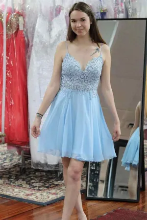 Spaghetti Straps Light Blue A-line Short Homecoming Dress