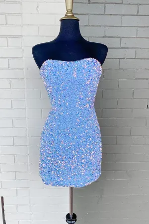 Sparkly Blue Strapless Sequins Short Fancy Dresses