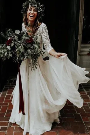 Two Piece Ivory Chiffon Wedding Dress 3/4 Sleeve Bridal Gown