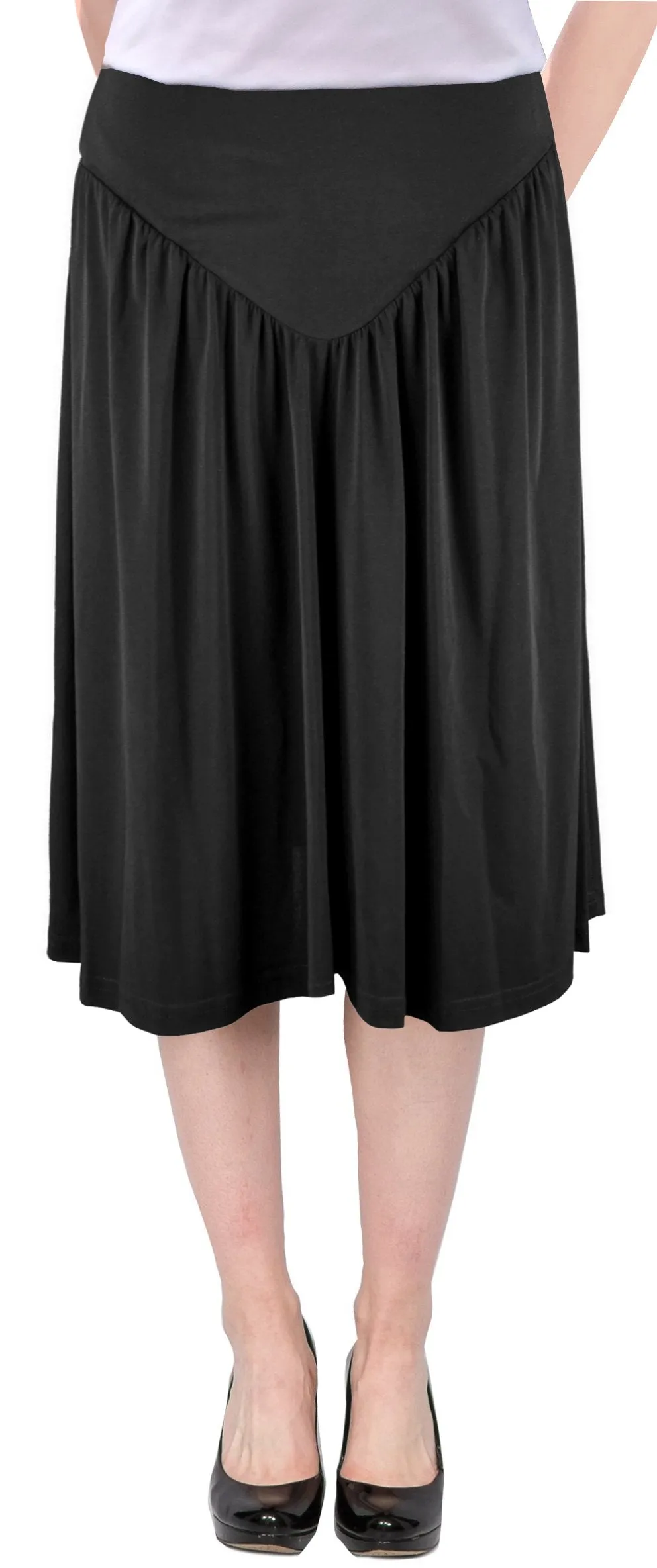 Women's Black Midi Slinky Short Knit V Yoke Skirt