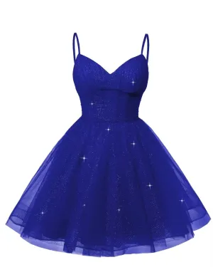 Women's V Neck Tulle Spaghetti Straps Royal Blue Homecoming Dresses with Corset Back Short Prom Gowns for Teens